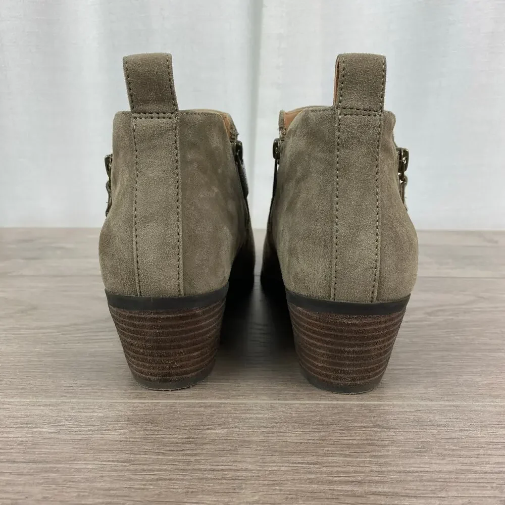 Vionic Stone Tan Gray Suede Cecily Waterproof Block Heel Booties Sz.8.5